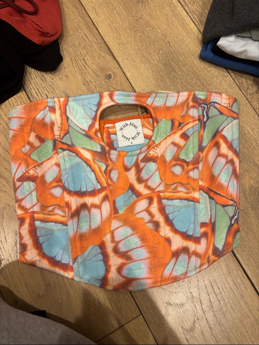 With Jean Butterfly Print Corset Top in Orange, Light Blue, Mint